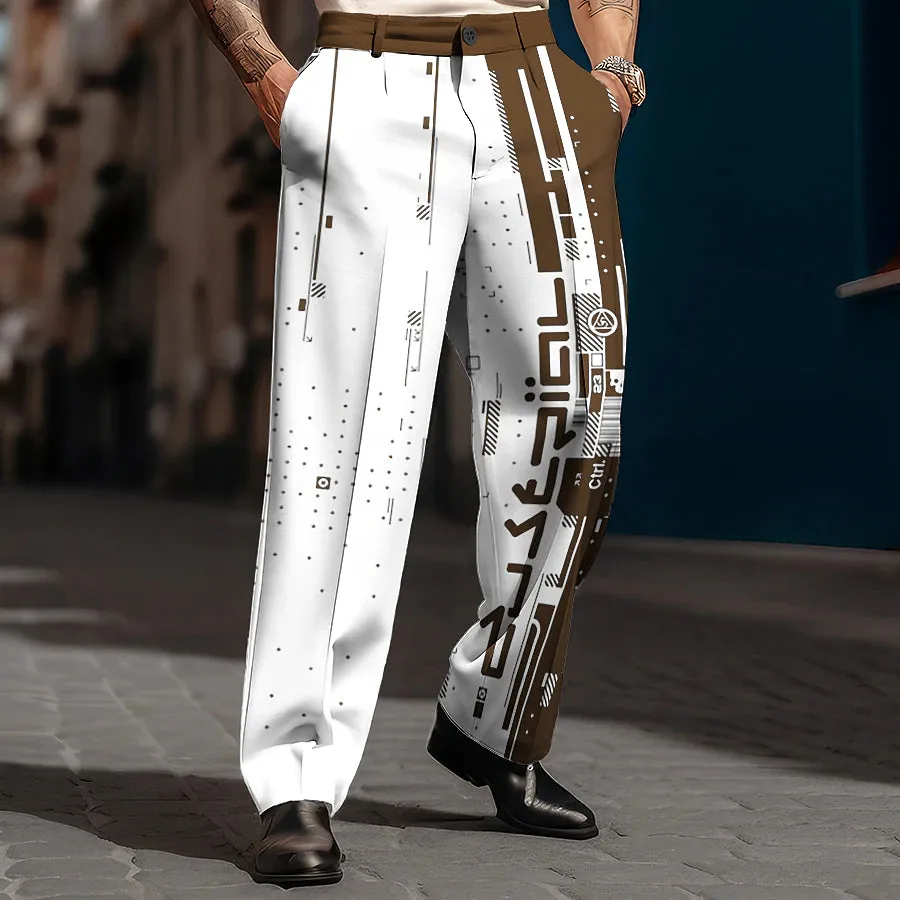 3D Print Geometry Men's Business Casual Pants with Stylish Pocket Design