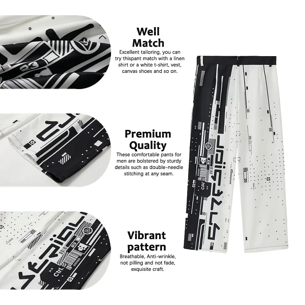 3D Print Geometry Men's Business Casual Pants with Stylish Pocket Design