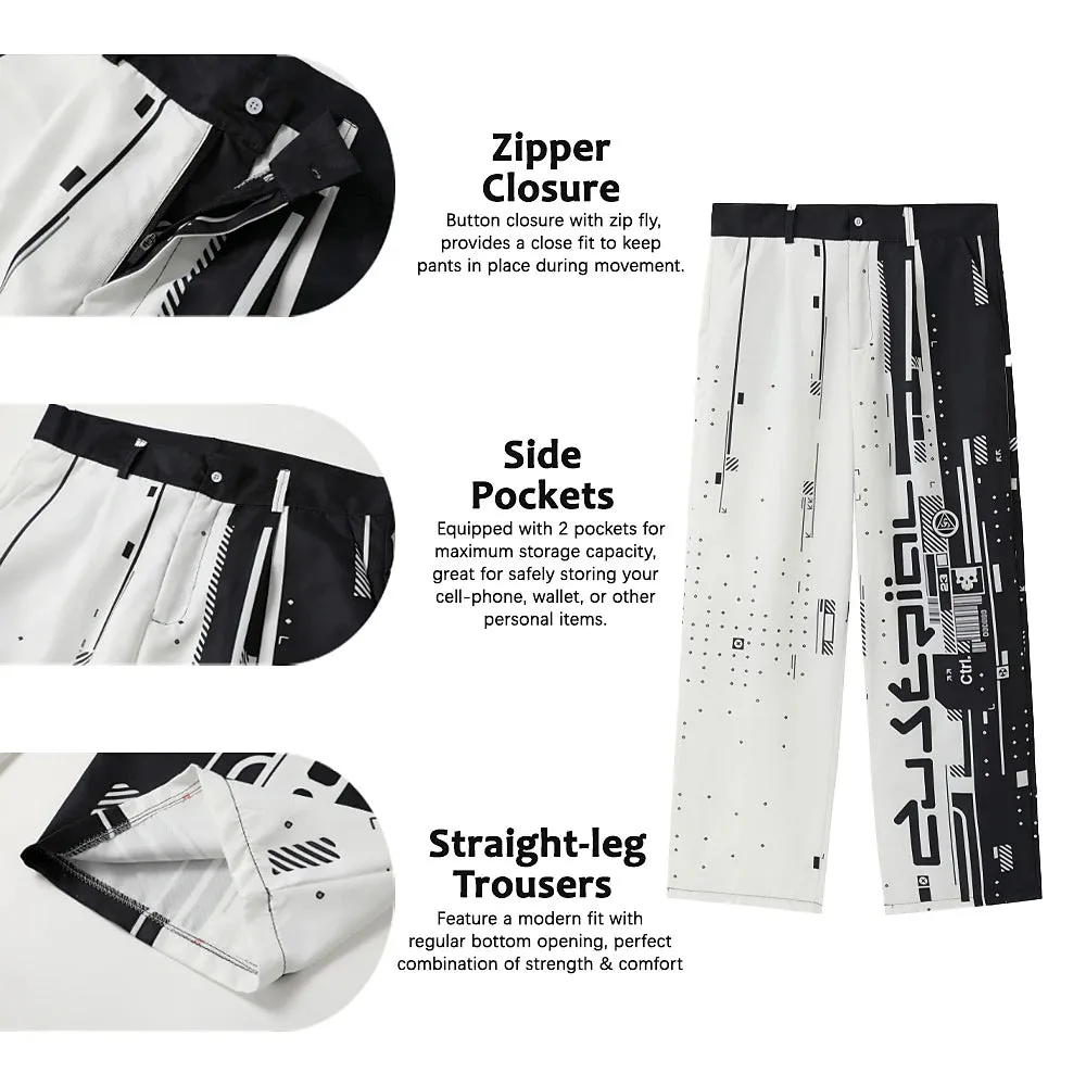 3D Print Geometry Men's Business Casual Pants with Stylish Pocket Design