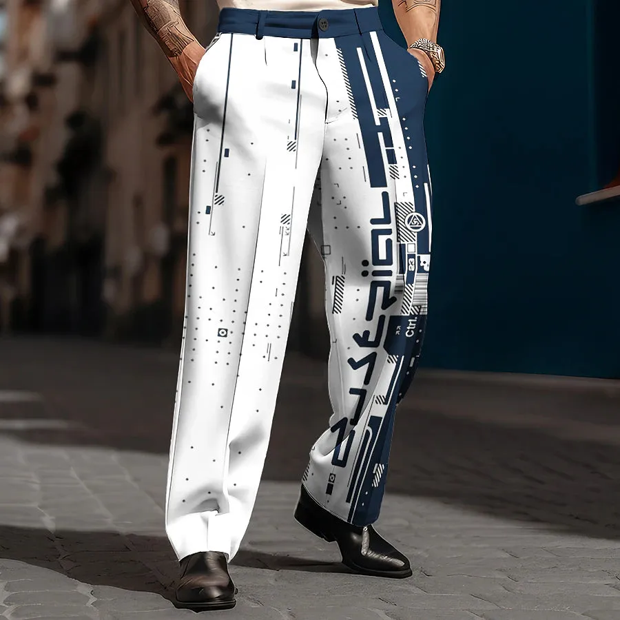 3D Print Geometry Men's Business Casual Pants with Stylish Pocket Design