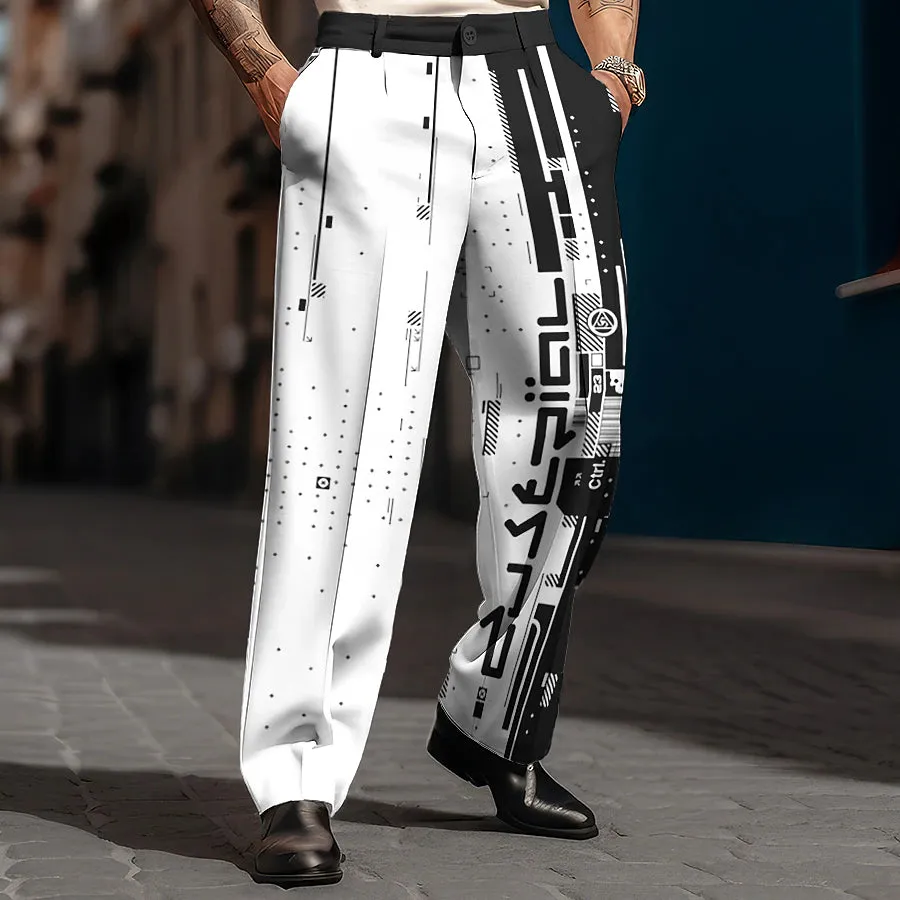 3D Print Geometry Men's Business Casual Pants with Stylish Pocket Design