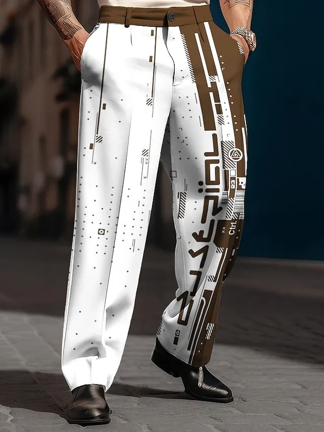3D Print Geometry Men's Business Casual Pants with Stylish Pocket Design