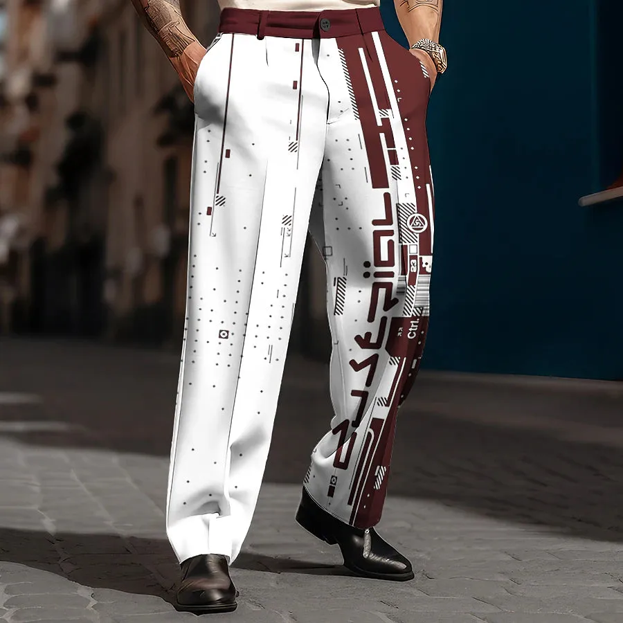 3D Print Geometry Men's Business Casual Pants with Stylish Pocket Design