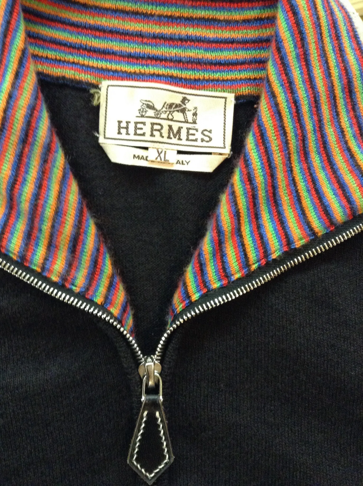 Authentic Hermes - Black Zip Neck Sweater with Multicolor Stripes on Inner Collar - XL
