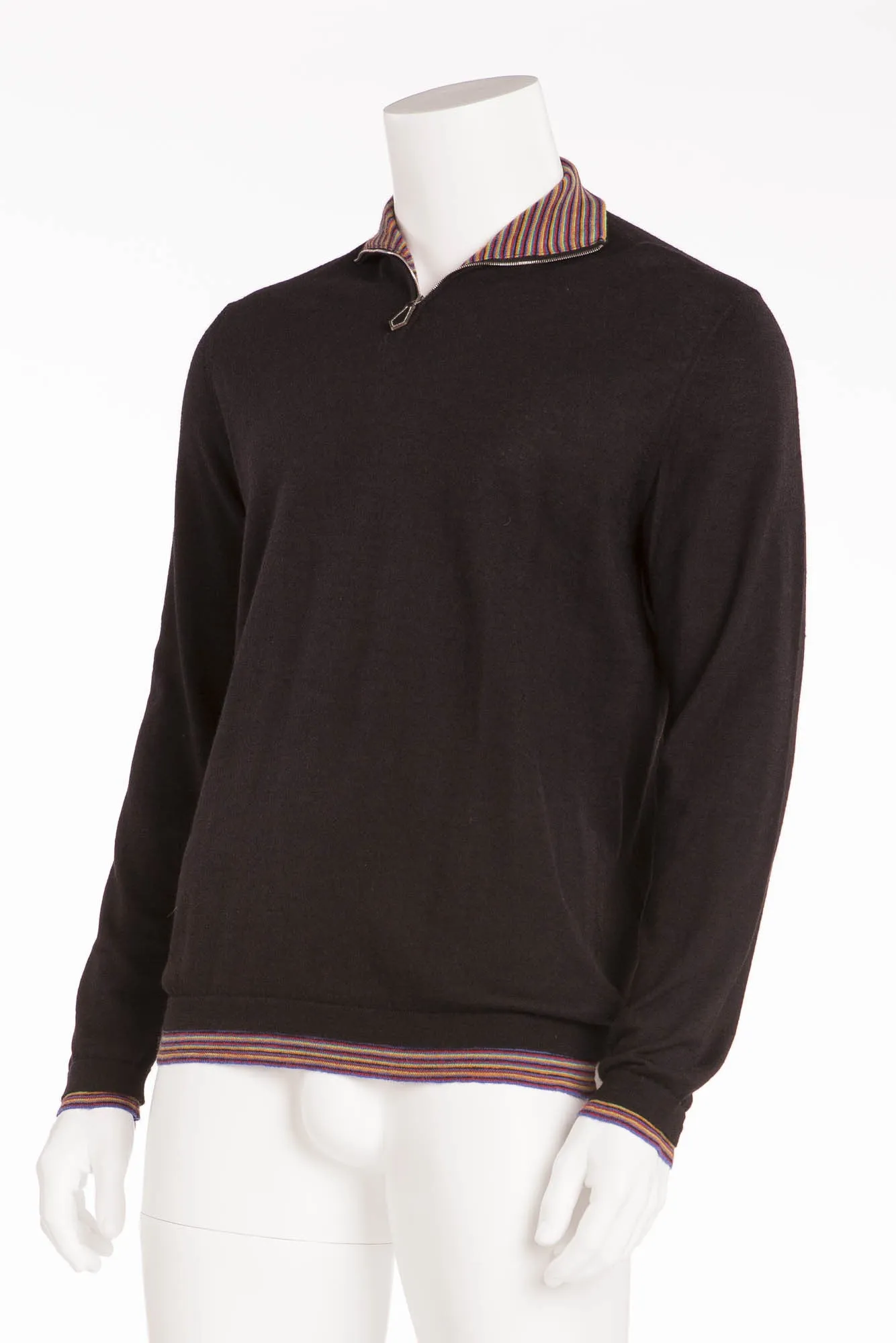 Authentic Hermes - Black Zip Neck Sweater with Multicolor Stripes on Inner Collar - XL