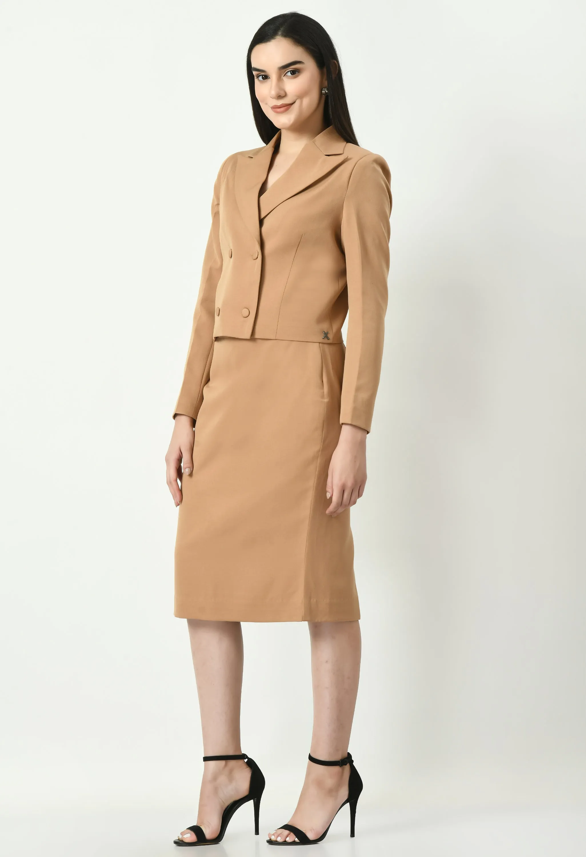 Beige Cotton Blend Glorious Double-Breasted Crop Blazer