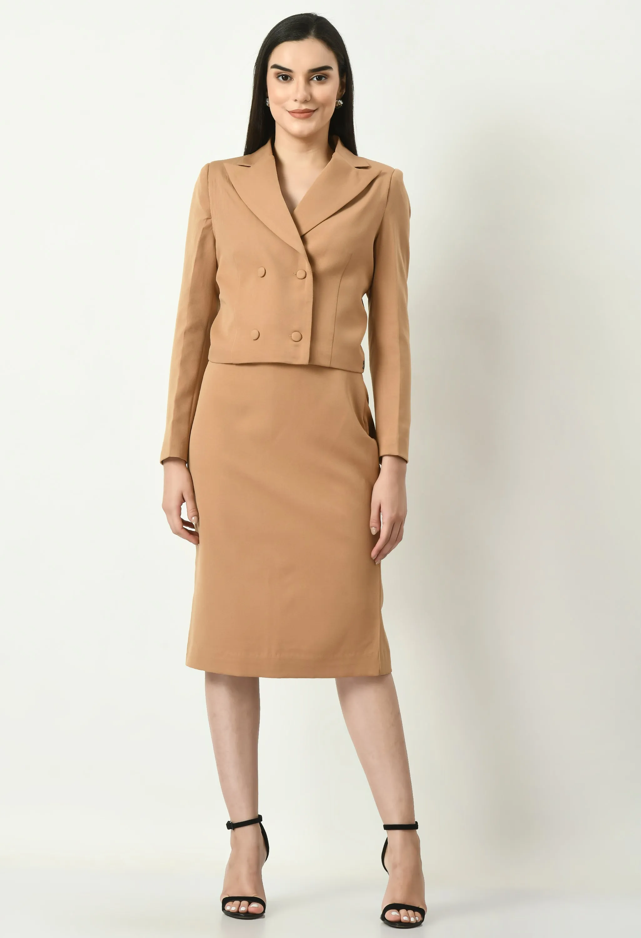 Beige Cotton Blend Glorious Double-Breasted Crop Blazer