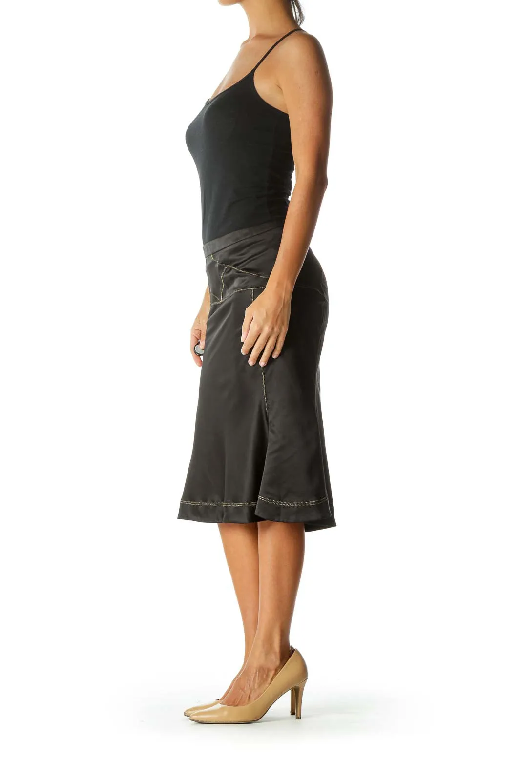 Black Flared Pencil Skirt with Gold Detail