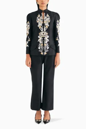 Black Silk Chanderi Embroidered Temple Jacket And Flared Pant Set