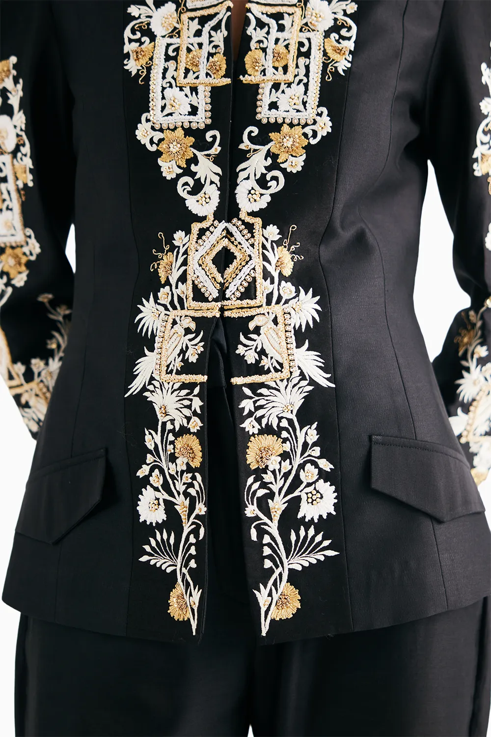 Black Silk Chanderi Embroidered Temple Jacket And Flared Pant Set