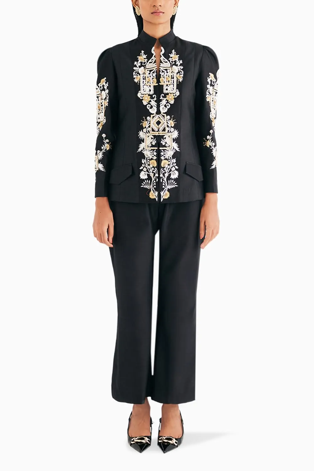 Black Silk Chanderi Embroidered Temple Jacket And Flared Pant Set