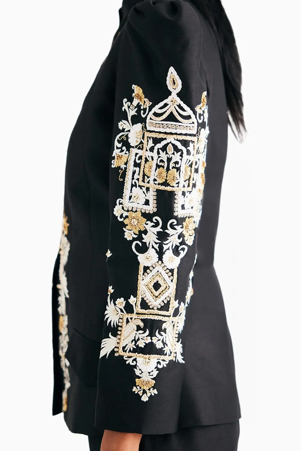 Black Silk Chanderi Embroidered Temple Jacket And Flared Pant Set