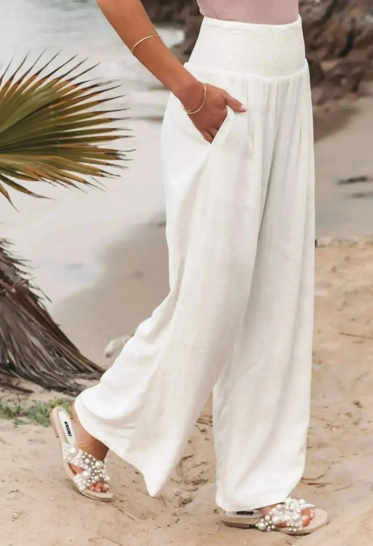 BLAIR SMOCKED PANTS-WHITE