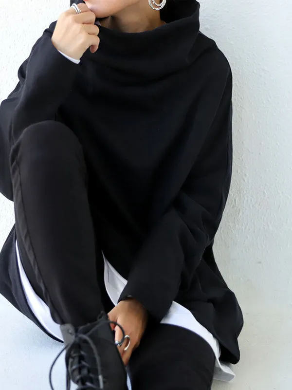 Chicmy-Urban Black&Gray High-Neck Long Sleeve Oversize T-Shirt