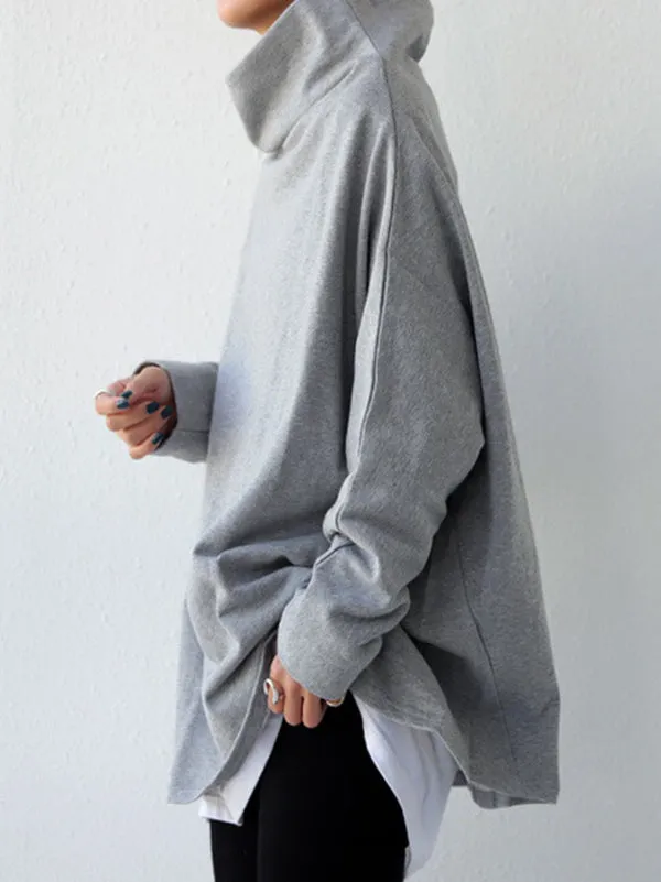 Chicmy-Urban Black&Gray High-Neck Long Sleeve Oversize T-Shirt