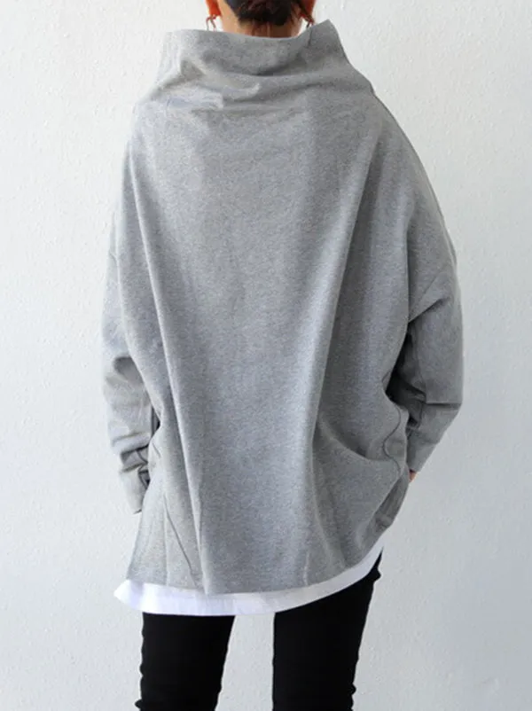 Chicmy-Urban Black&Gray High-Neck Long Sleeve Oversize T-Shirt