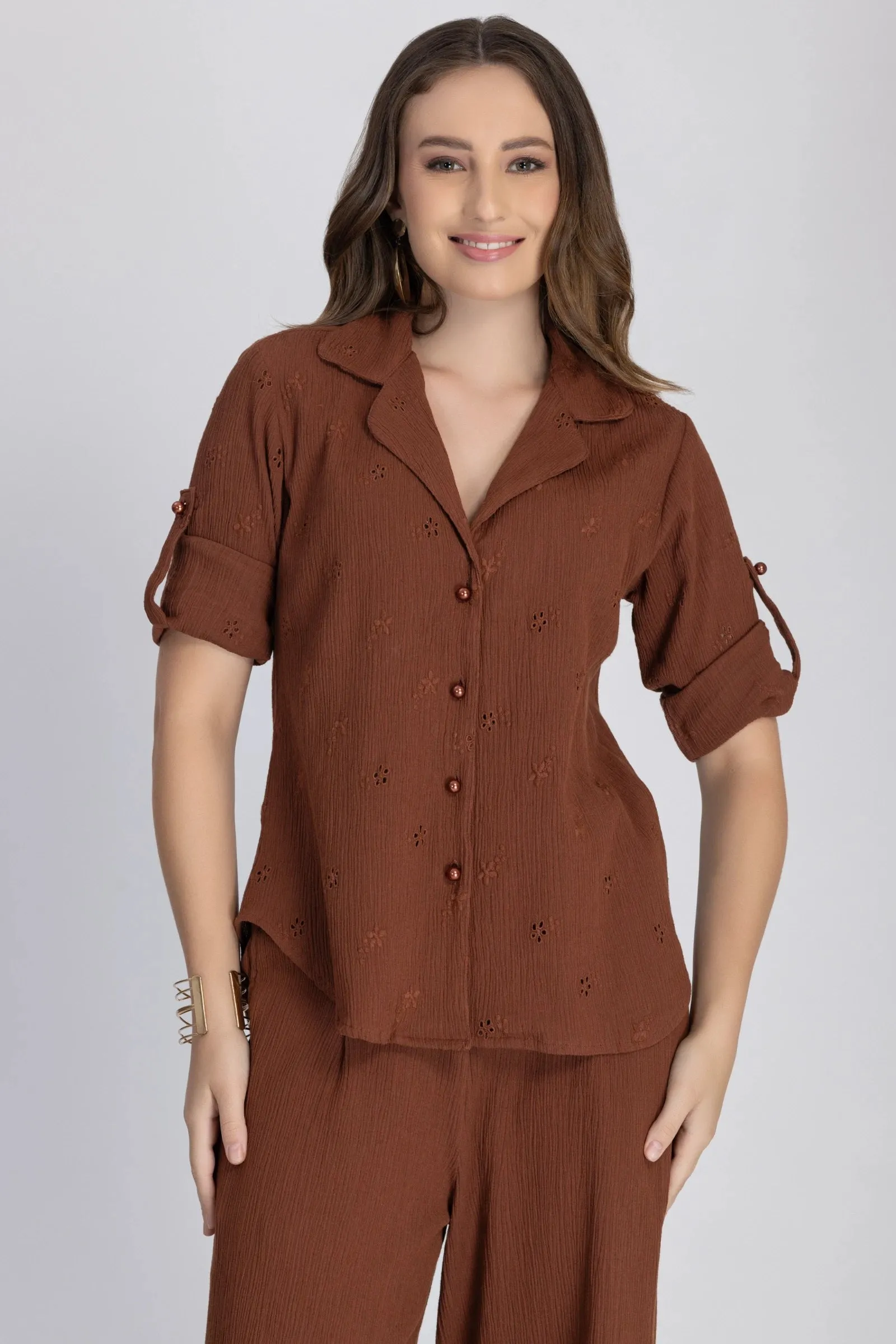 Crinkle Crepe Shirt Pants(Brown)