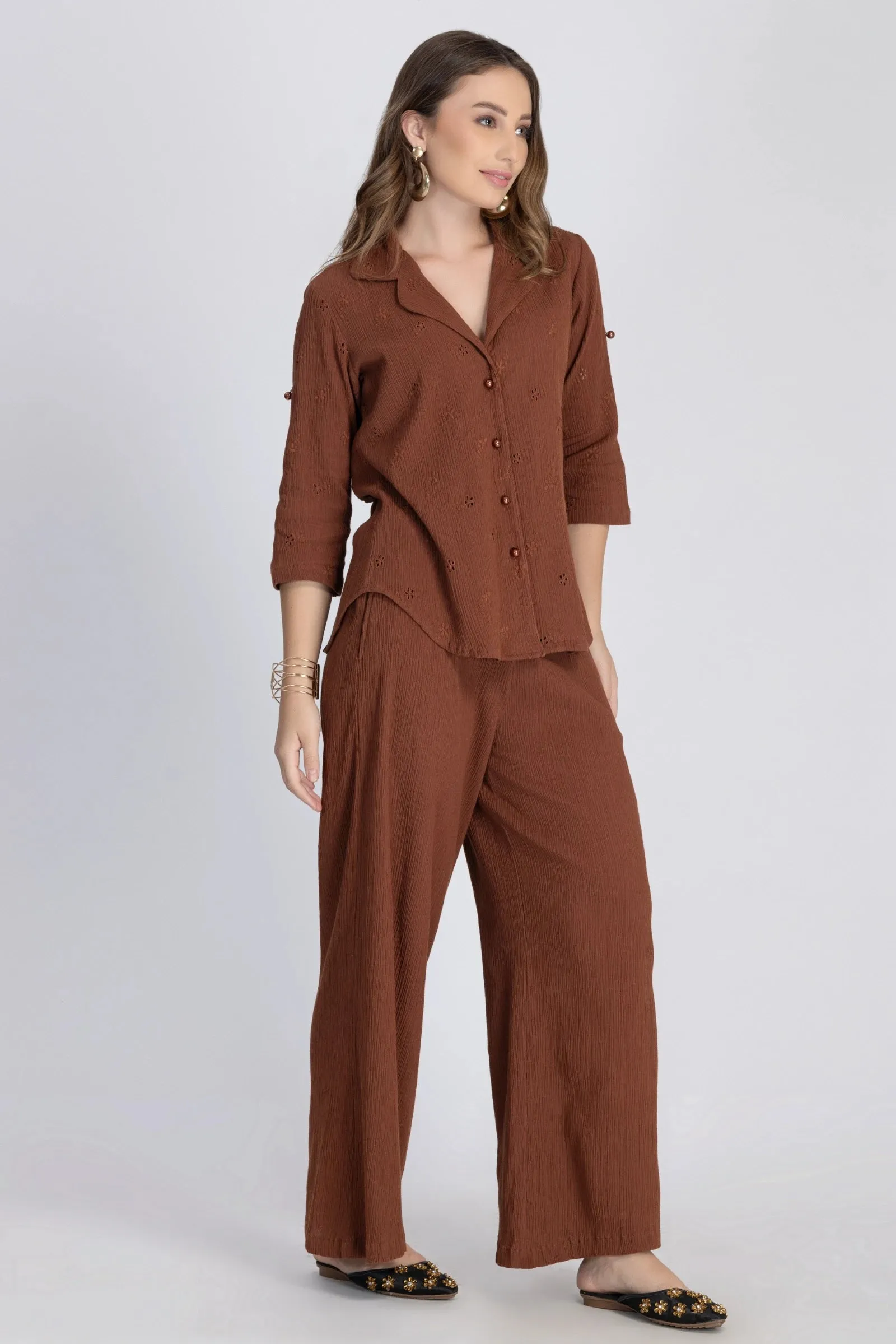 Crinkle Crepe Shirt Pants(Brown)