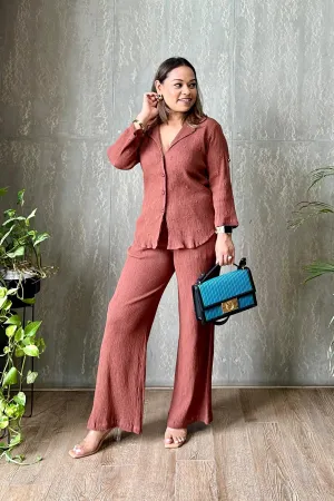 Crinkle Crepe Shirt Pants(Brown)