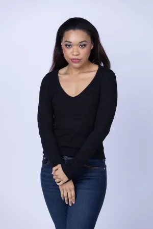 Enza Costa Knit V-Neck Top in Black