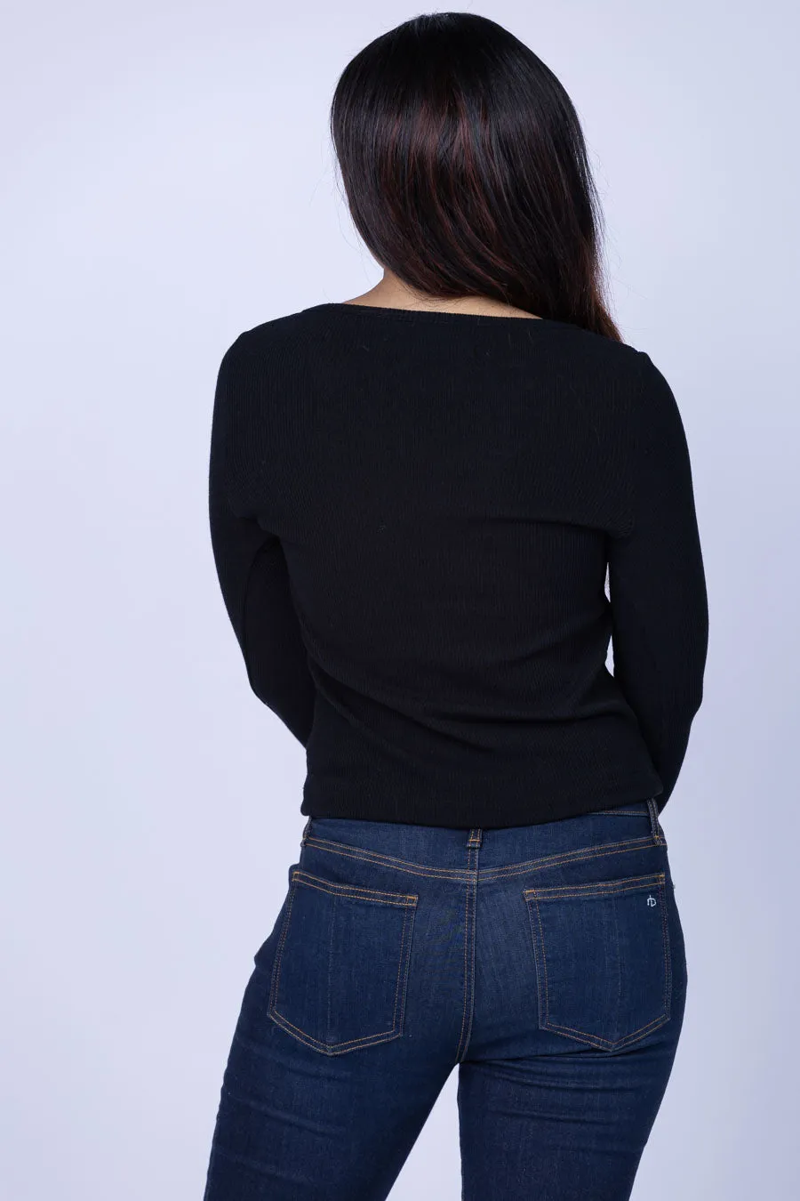 Enza Costa Knit V-Neck Top in Black