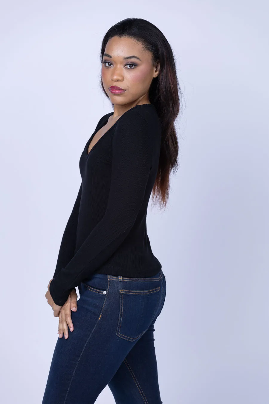 Enza Costa Knit V-Neck Top in Black