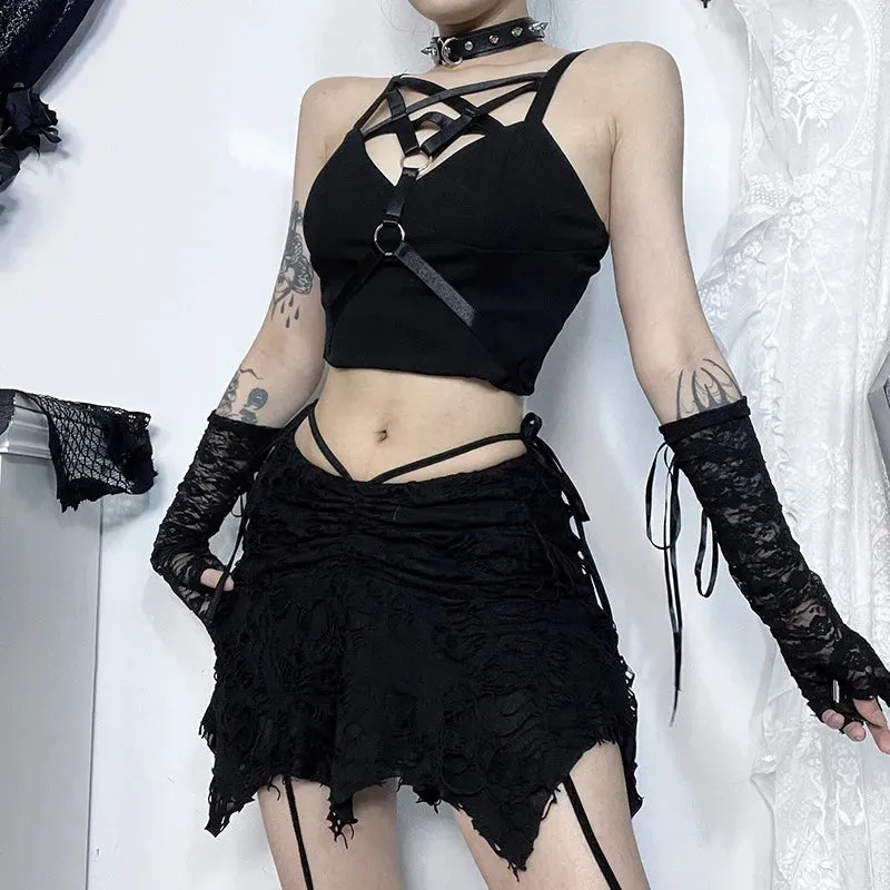 Goth Lace-up Women Fashion Irregular Folds Short Vintage Black Mini Bodycon Holes New Sexy Skirt