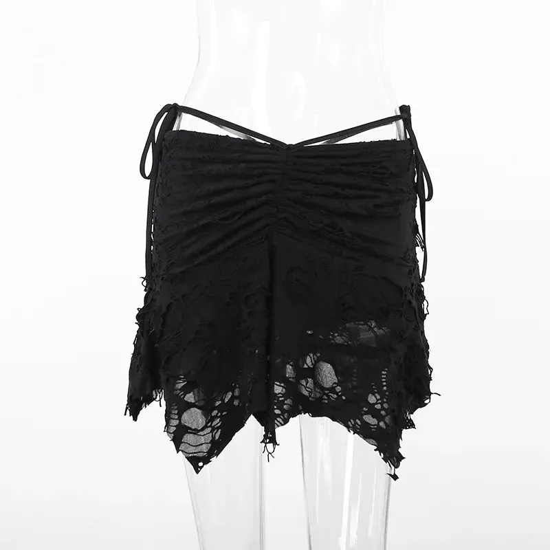 Goth Lace-up Women Fashion Irregular Folds Short Vintage Black Mini Bodycon Holes New Sexy Skirt