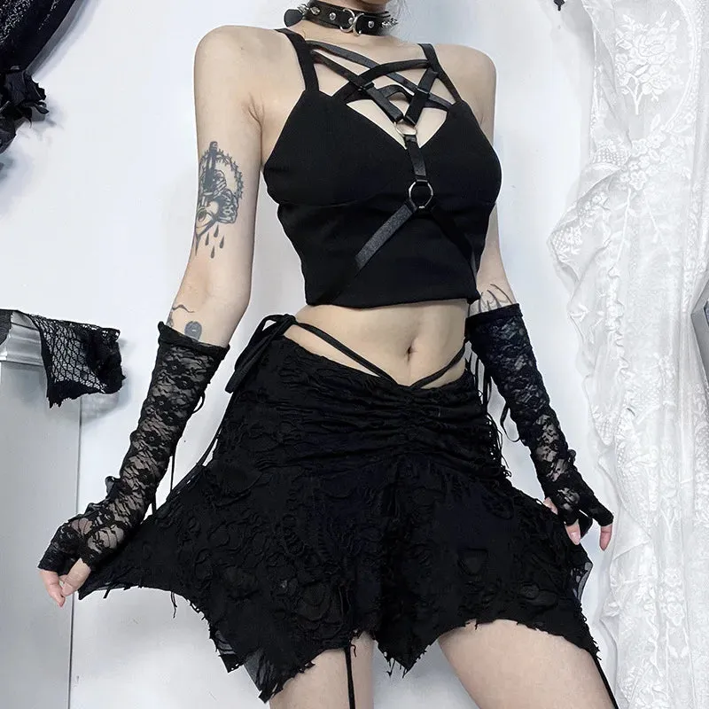 Goth Lace-up Women Fashion Irregular Folds Short Vintage Black Mini Bodycon Holes New Sexy Skirt