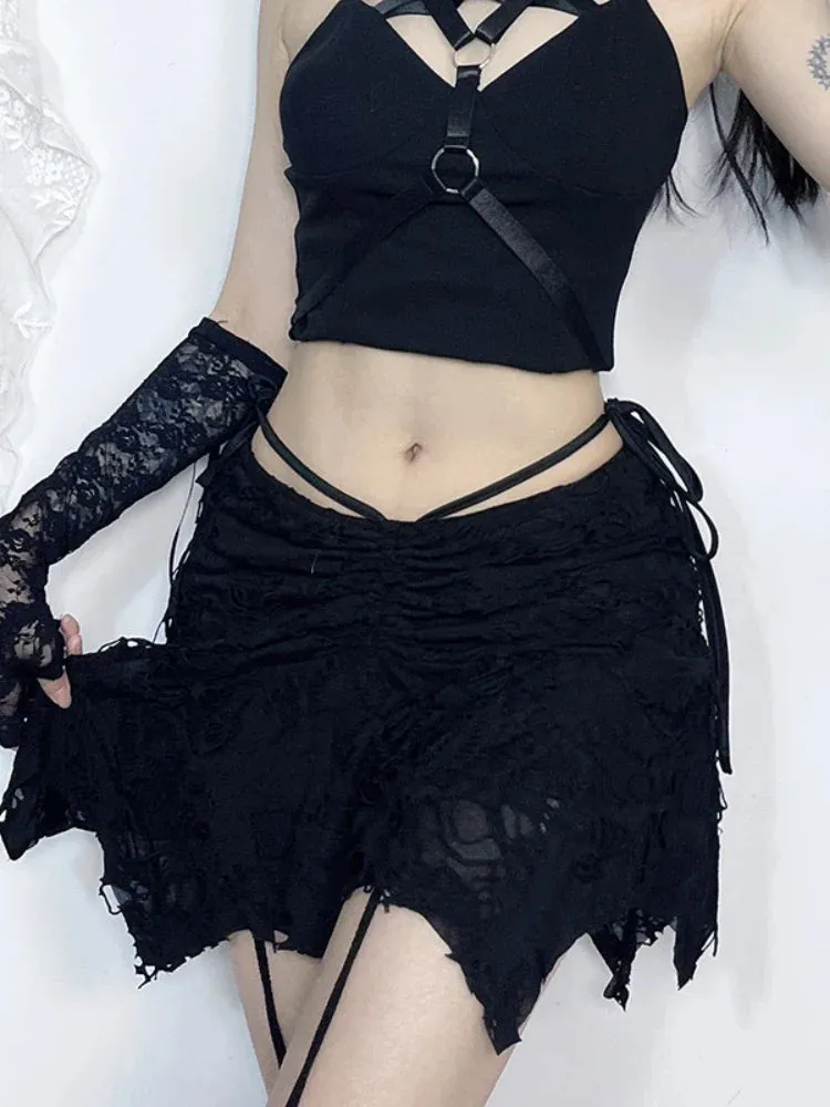 Goth Lace-up Women Fashion Irregular Folds Short Vintage Black Mini Bodycon Holes New Sexy Skirt