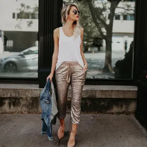 High Waist Elastic Waist Sequins Pants
