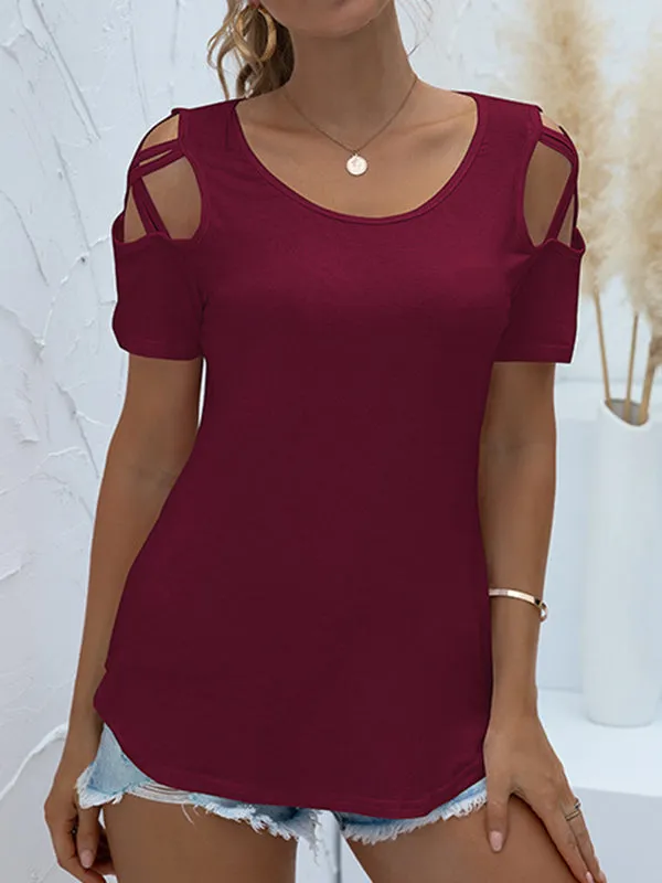 Hollow Solid Color Loose Short Sleeves Round-Neck T-Shirts Tops