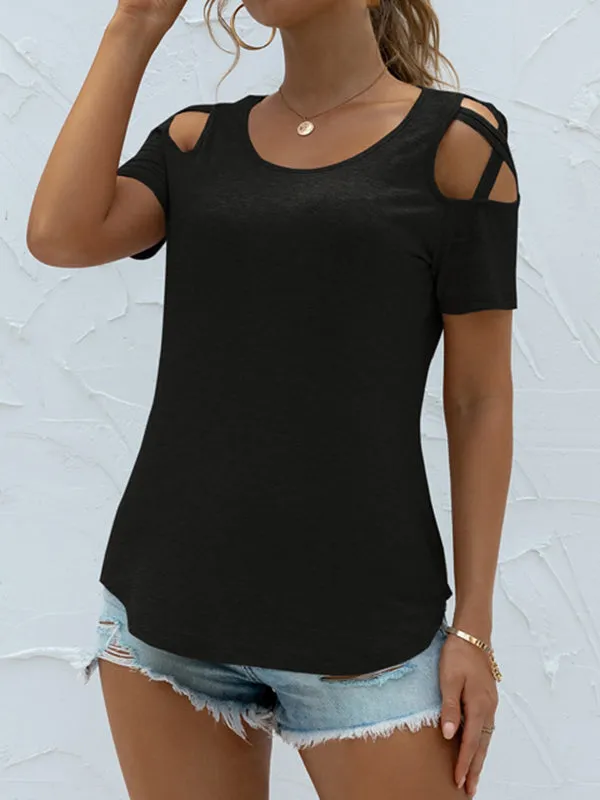 Hollow Solid Color Loose Short Sleeves Round-Neck T-Shirts Tops