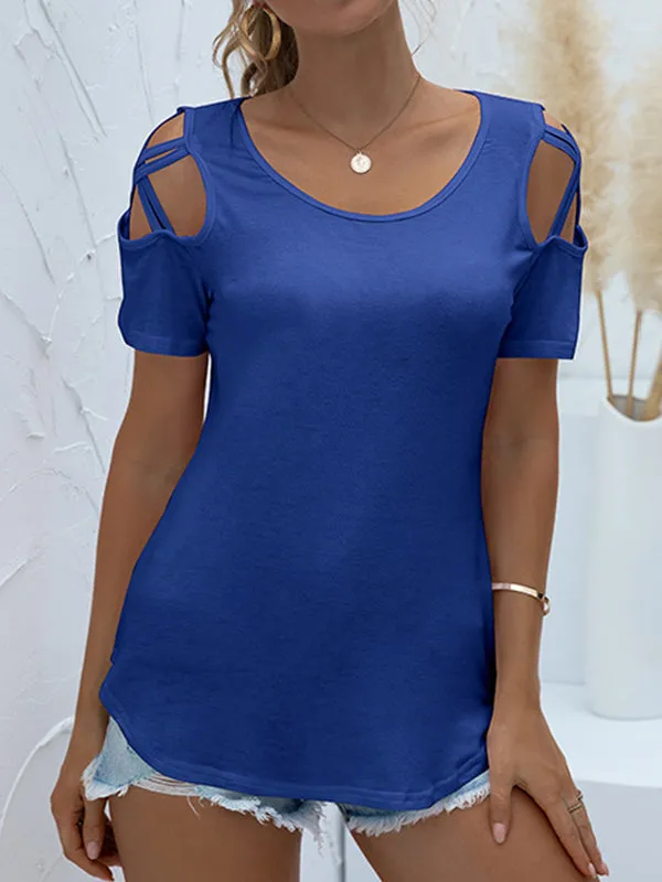 Hollow Solid Color Loose Short Sleeves Round-Neck T-Shirts Tops