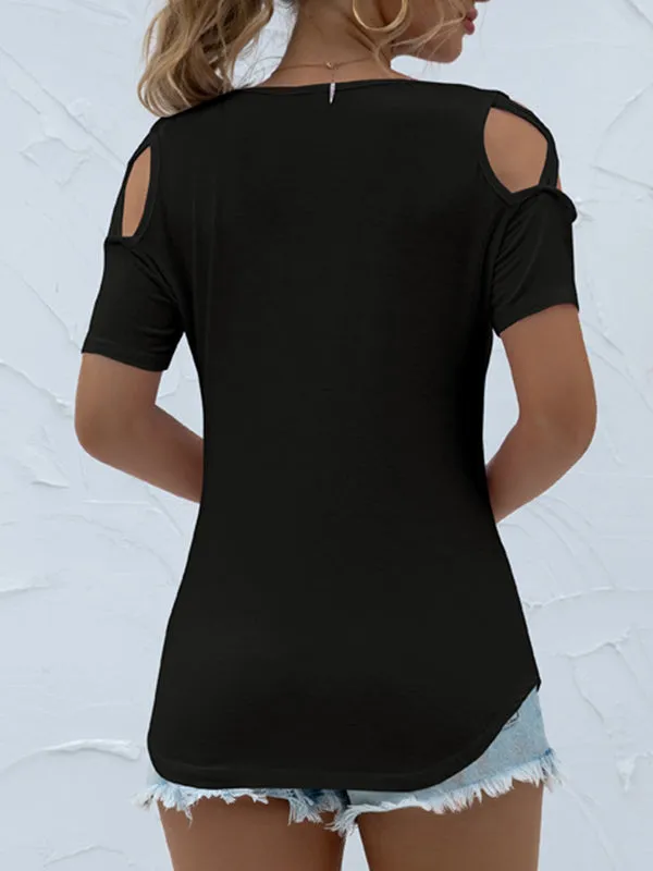 Hollow Solid Color Loose Short Sleeves Round-Neck T-Shirts Tops