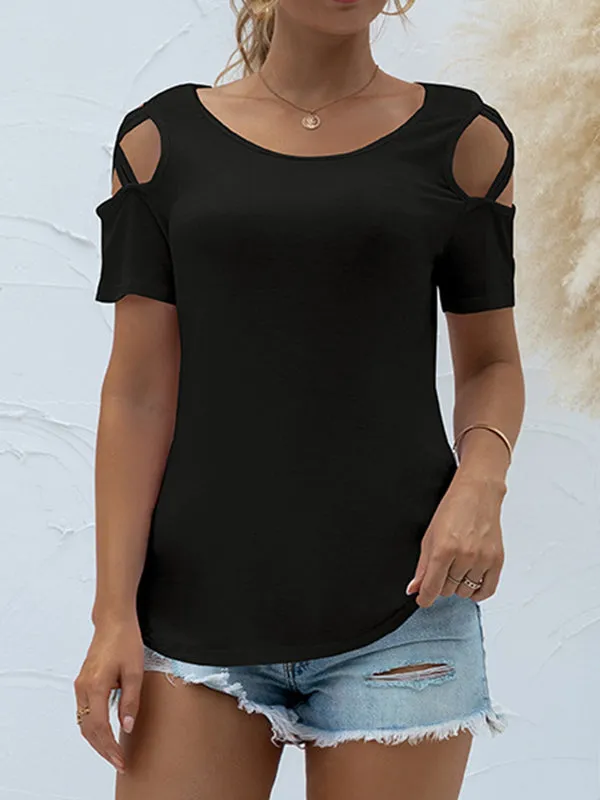 Hollow Solid Color Loose Short Sleeves Round-Neck T-Shirts Tops
