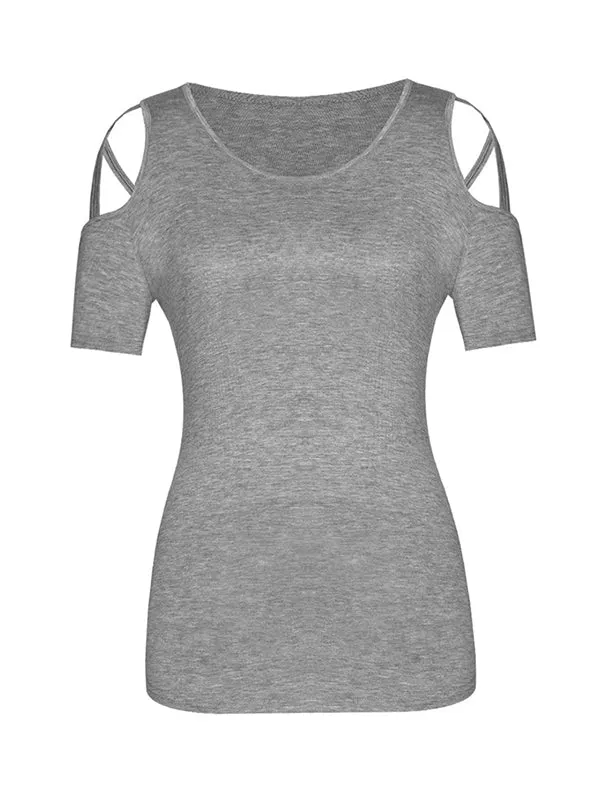 Hollow Solid Color Loose Short Sleeves Round-Neck T-Shirts Tops