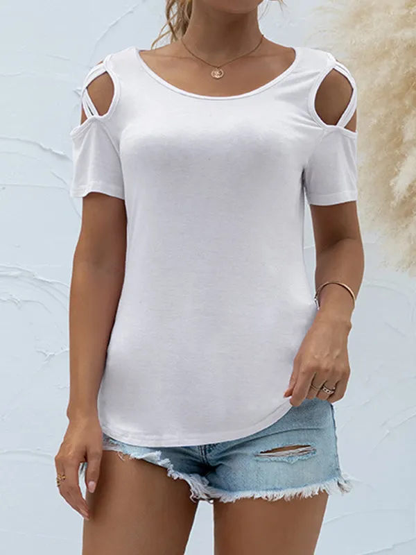 Hollow Solid Color Loose Short Sleeves Round-Neck T-Shirts Tops