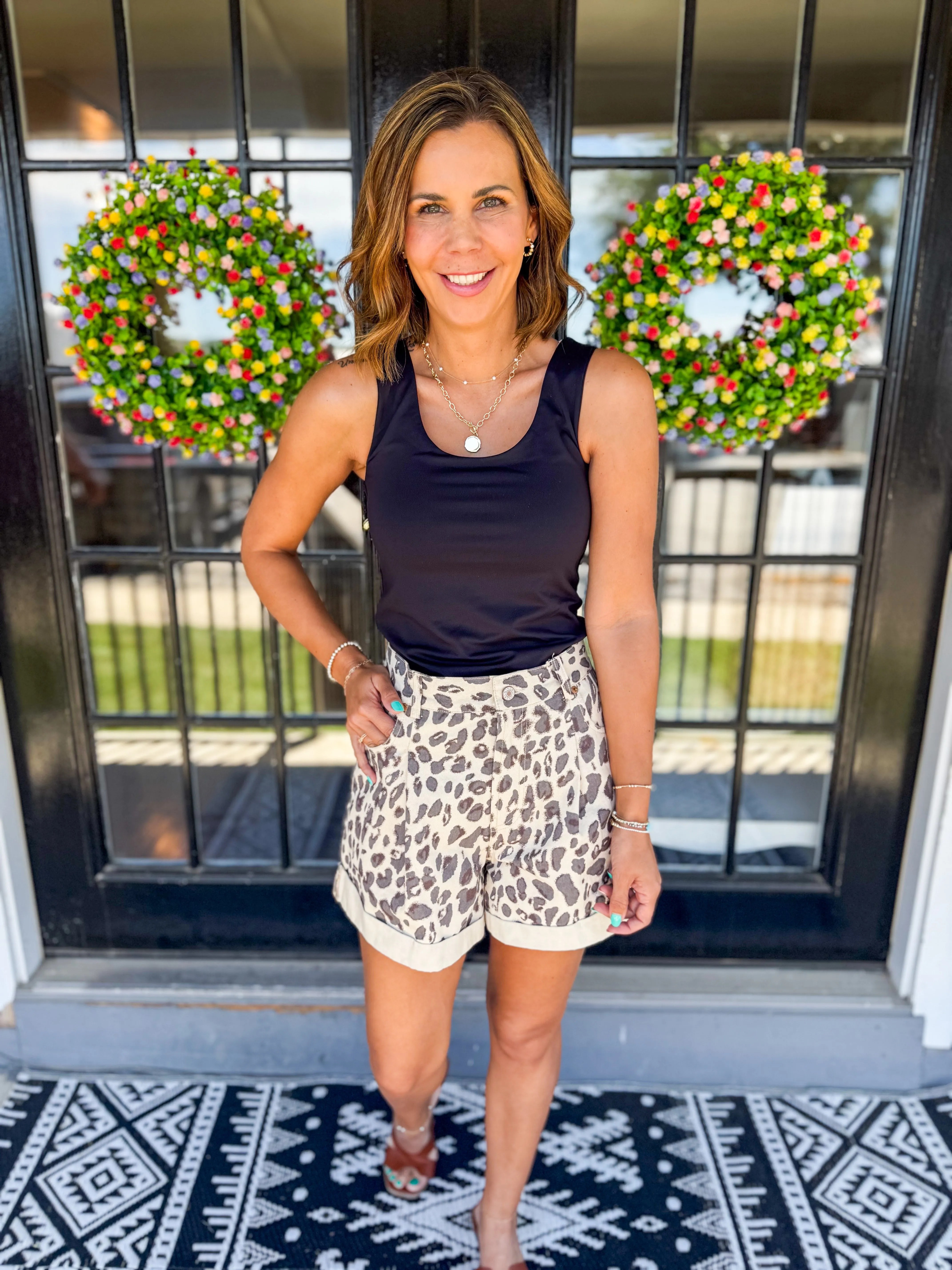 Leopard Print Rolled Cuff Denim Shorts