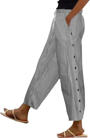 Linen Pants for Women Striped Elastic Waistband High Waistband Pocket Pants Side Nine Point Loose Casual
