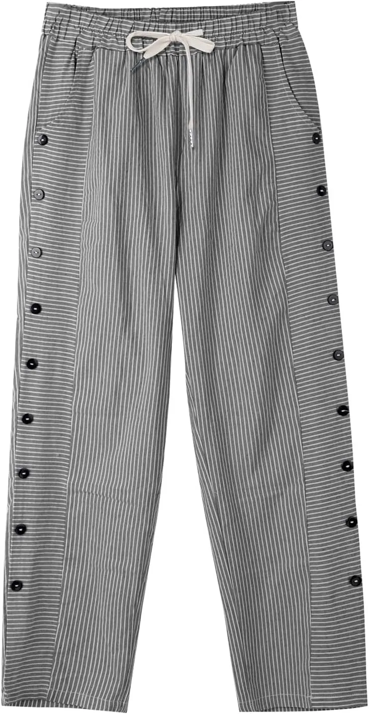 Linen Pants for Women Striped Elastic Waistband High Waistband Pocket Pants Side Nine Point Loose Casual