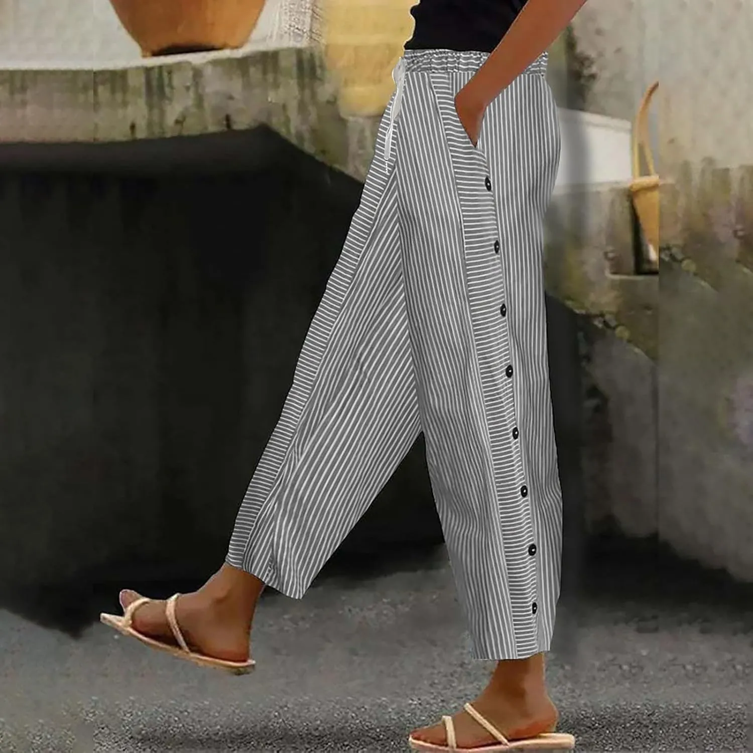 Linen Pants for Women Striped Elastic Waistband High Waistband Pocket Pants Side Nine Point Loose Casual