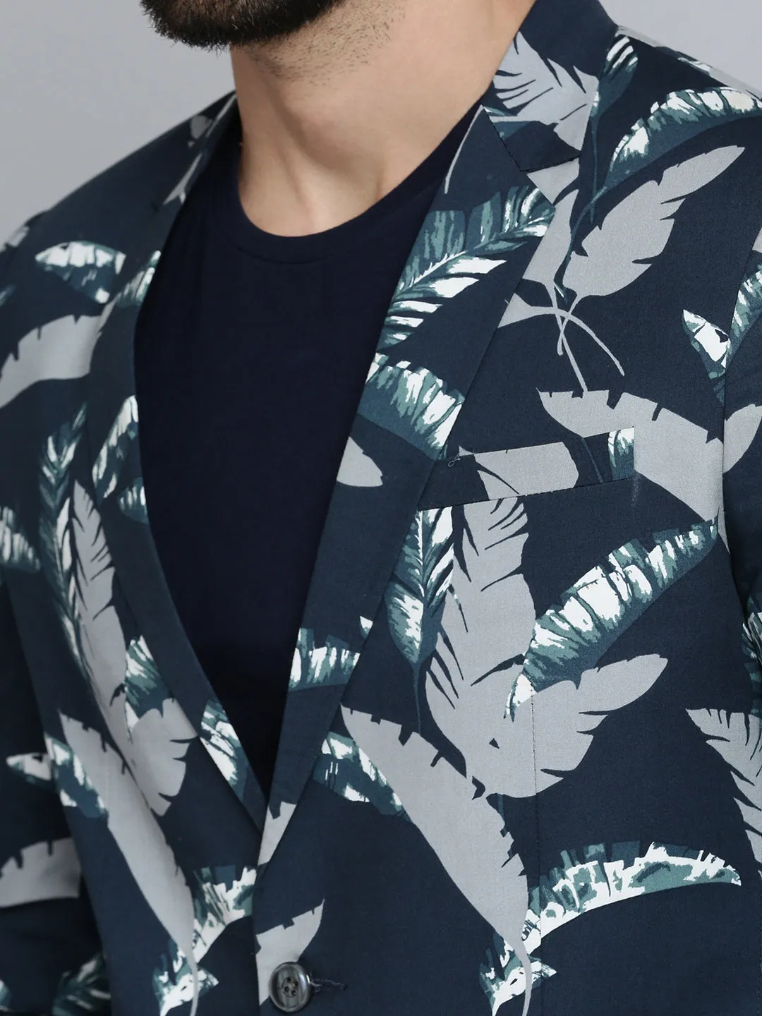 Men Navy Blue Printed Single Breasted Blazers