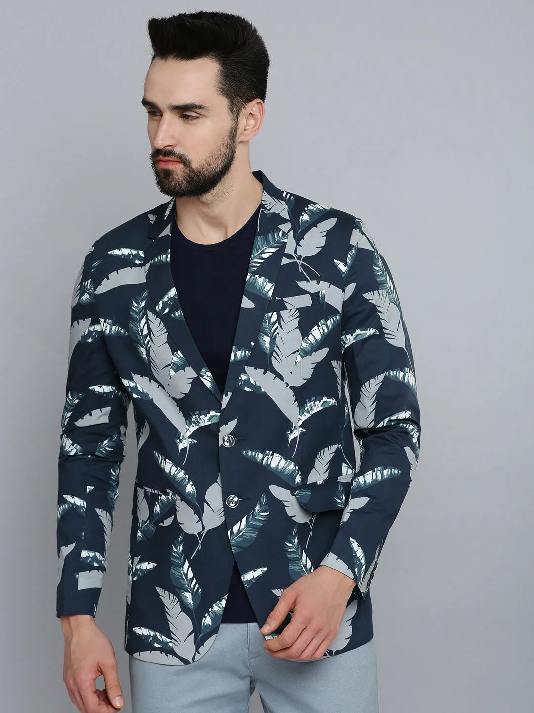 Men Navy Blue Printed Single Breasted Blazers