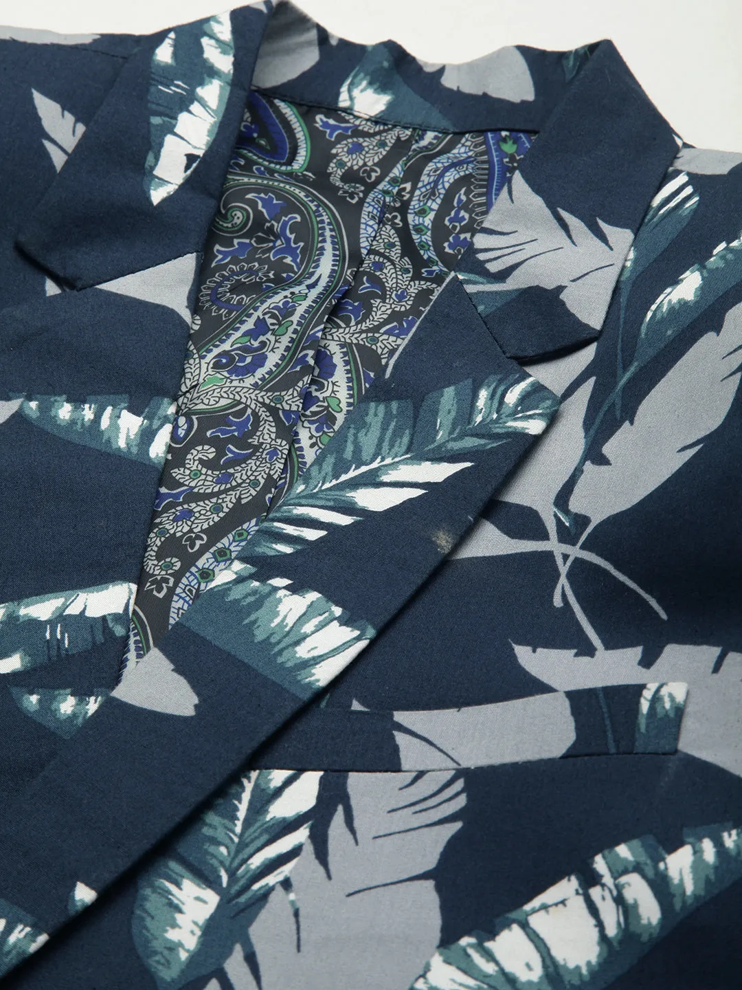 Men Navy Blue Printed Single Breasted Blazers