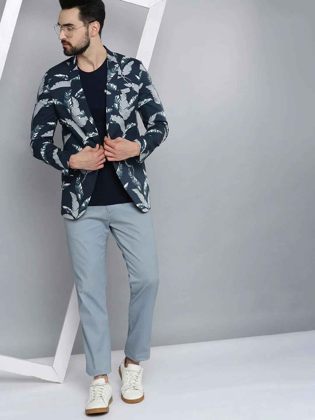 Men Navy Blue Printed Single Breasted Blazers