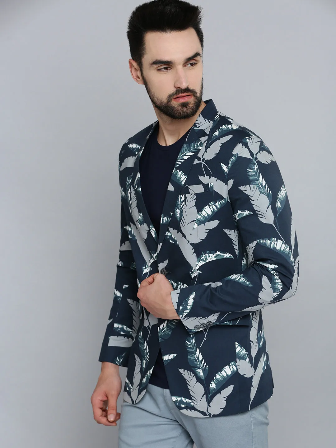 Men Navy Blue Printed Single Breasted Blazers