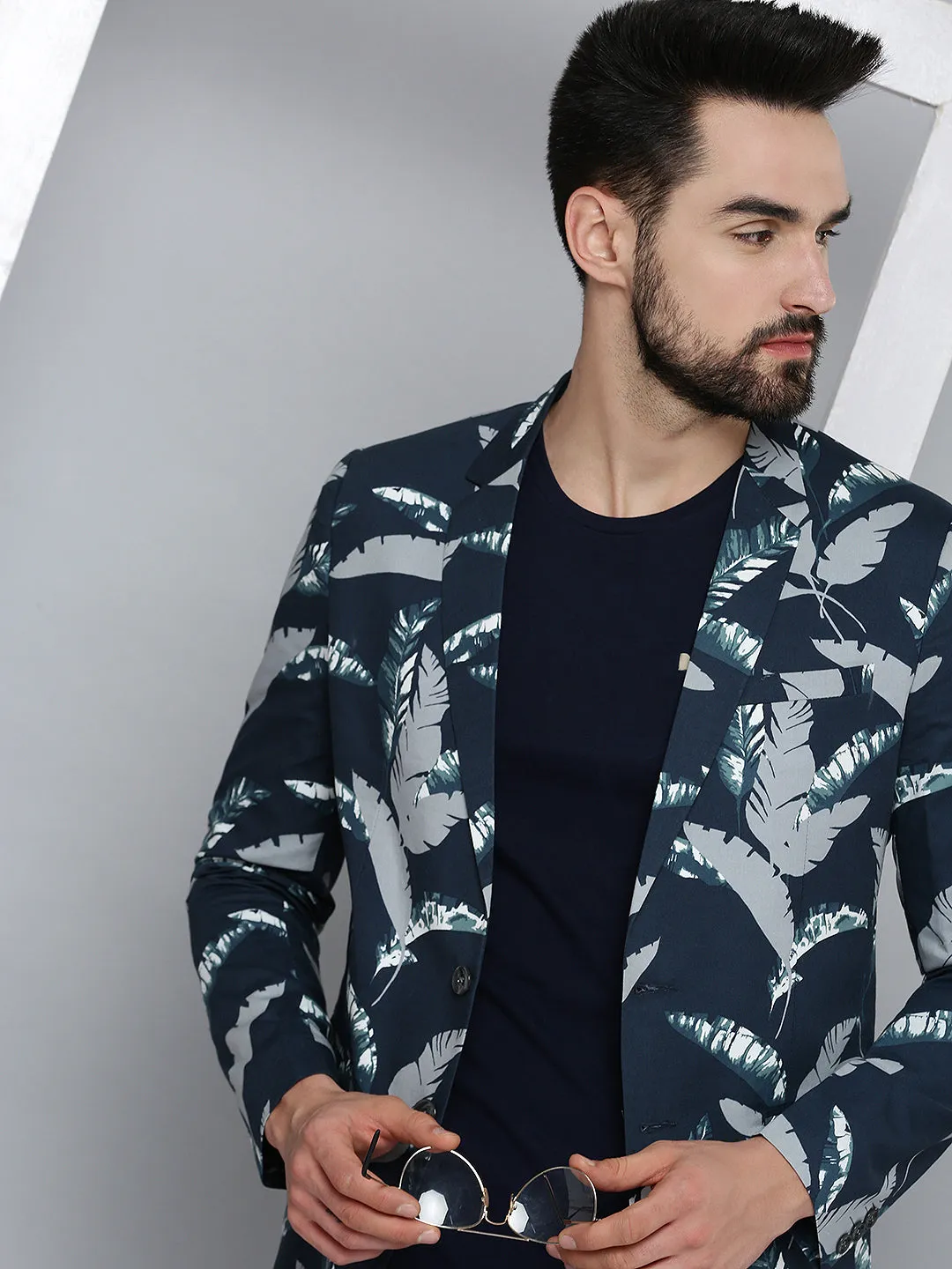 Men Navy Blue Printed Single Breasted Blazers