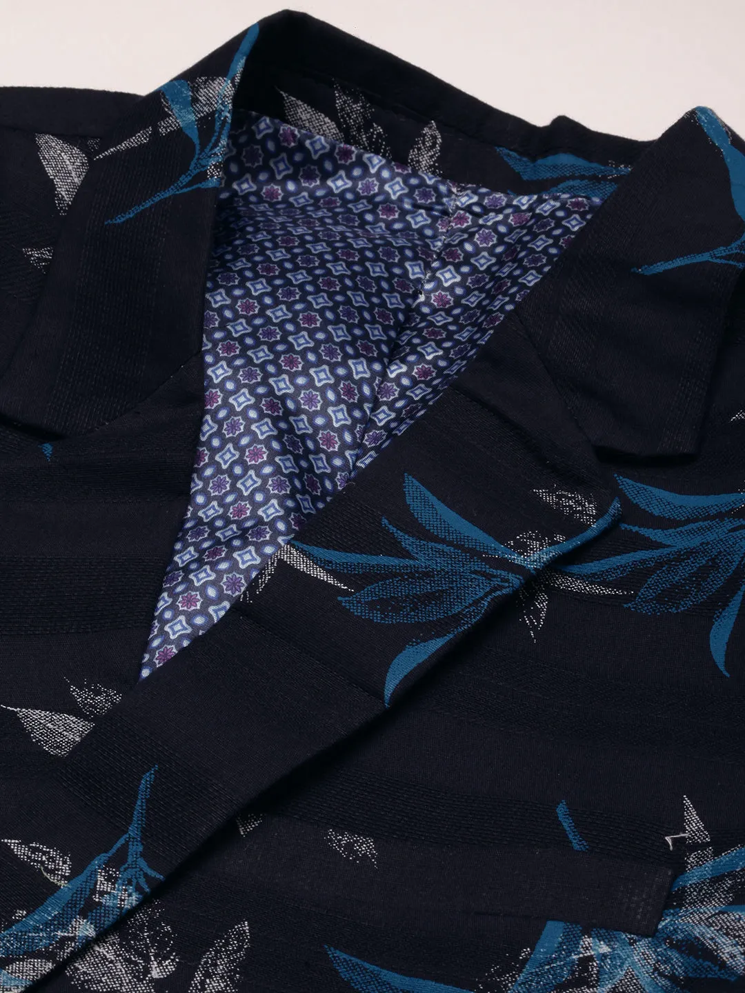 Men Navy Blue Printed Single-Breasted Party Blazers