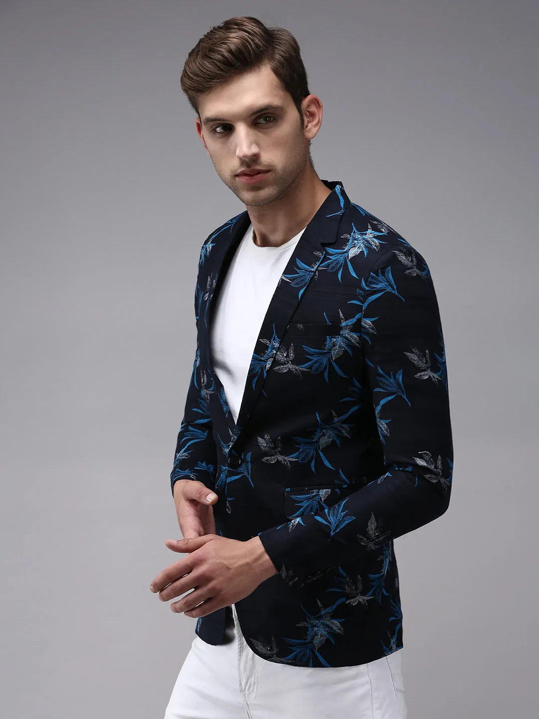 Men Navy Blue Printed Single-Breasted Party Blazers